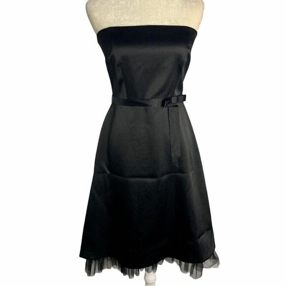 Vintage 90s Laundry Strapless Dress 4 Black Satin - Picture 1 of 8